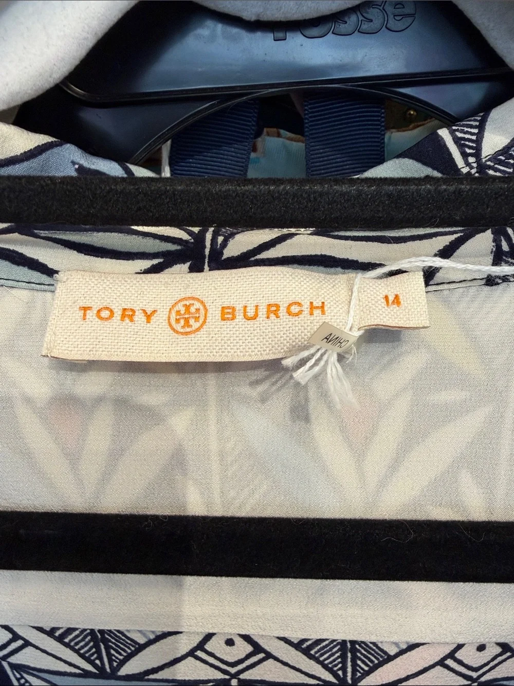 Tory Burch Navy Geometric Mini Dress with White and Gold Accents